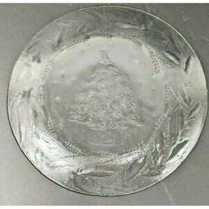 Holiday Glass Serving Plate With Christmas Tree Design & Holly Border
